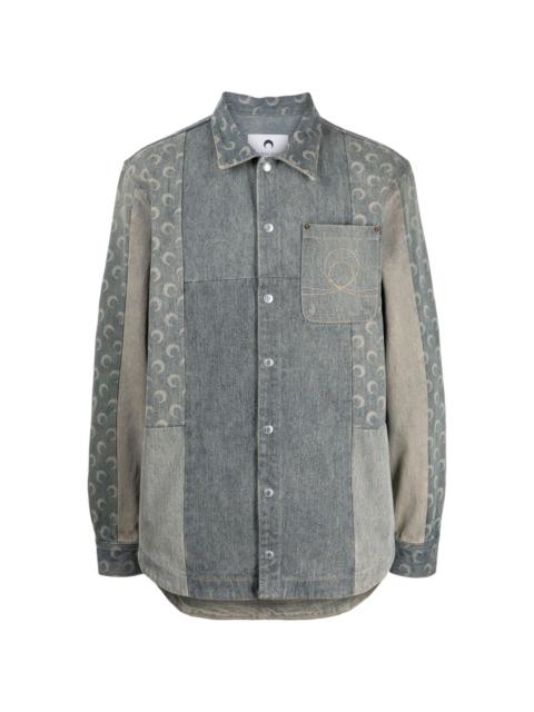 Crescent Moon-print patchwork denim shirt