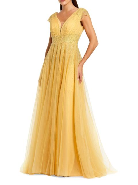 MAC DUGGAL Women's Embellished Tulle Cap-Sleeve A-Line Gown - Gold