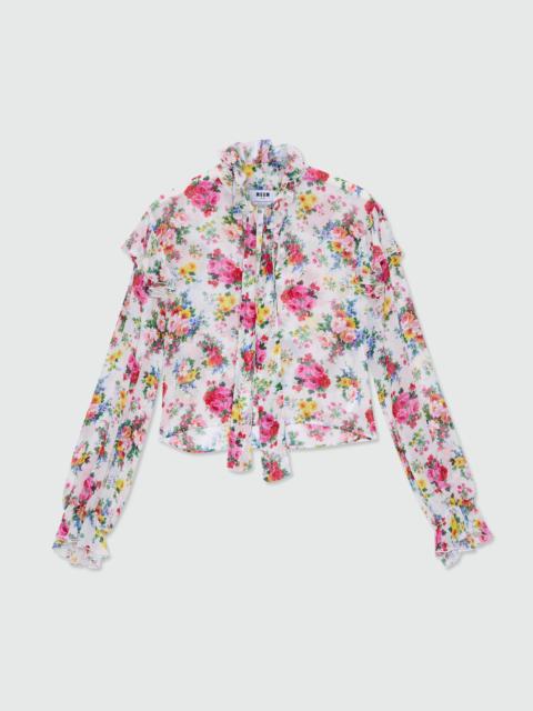 MSGM White viscose georgette blouse with floral print and ruffled collar