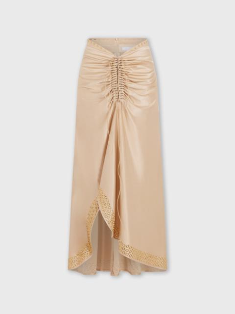 Paco Rabanne LONG RAFFIA COLORED SKIRT WITH EMBROIDERED METALLIC EYELETS