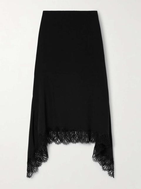 Asymmetric lace-trimmed silk-crepe skirt