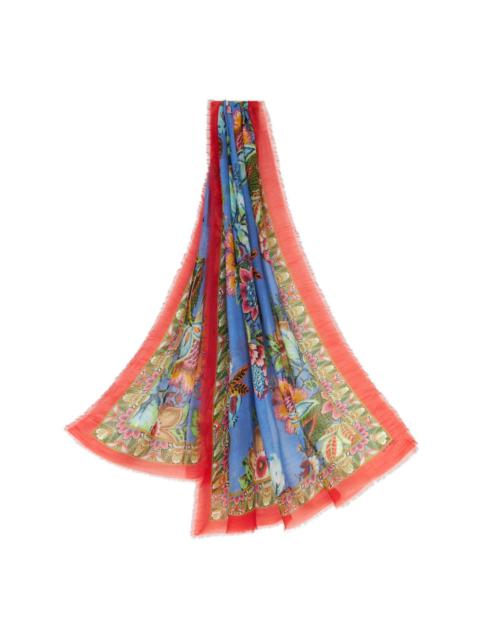 Bouquet-print fringed scarf