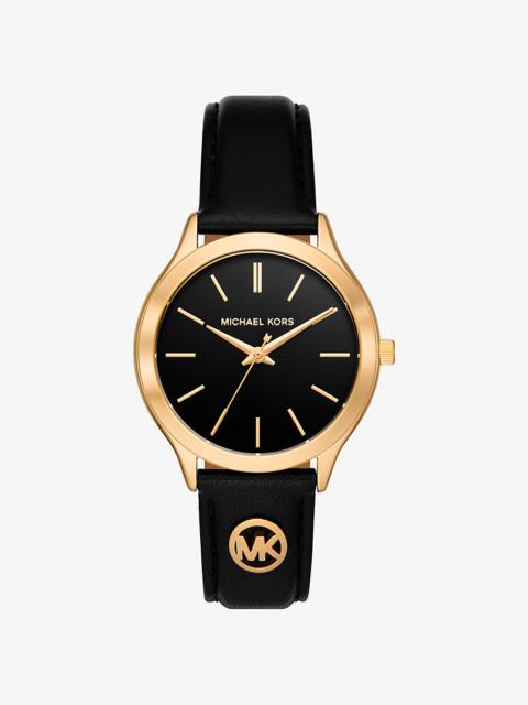 MICHAEL KORS Slim Runway Gold-Tone and Leather Watch