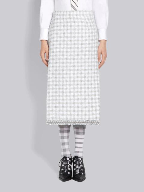 Thom Browne Light Grey Cotton Gingham Eyelash Tweed Below Knee Pencil Skirt