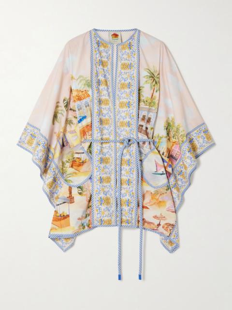 FARM RIO Aracati belted printed organic cotton-poplin tunic Blue