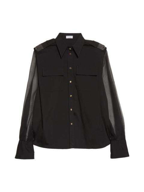 Brunello Cucinelli Monili Trim Mixed Media Blouse in C101 Black at Nordstrom