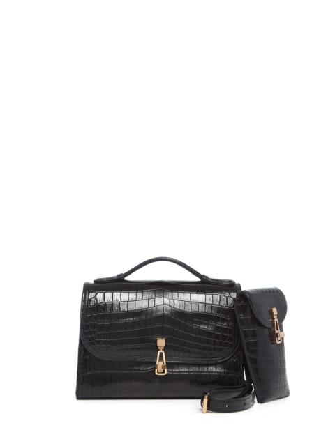 GABRIELA HEARST Medium Leonora Flap Bag in Black Crocodile Leather with Sunglasses Pouch