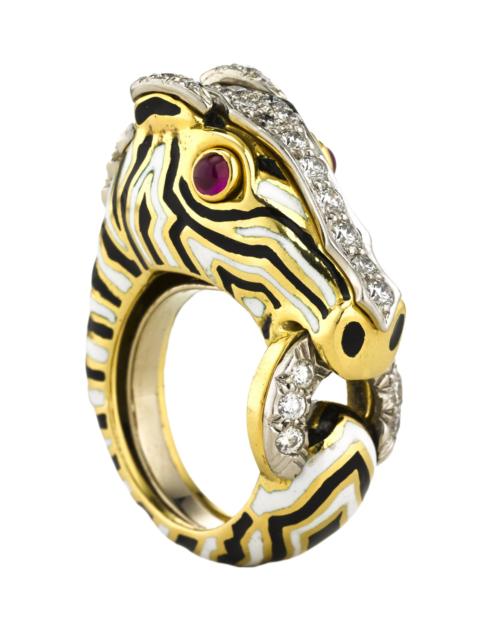 DAVID WEBB Diamond Ruby Zebra Enamel Ring