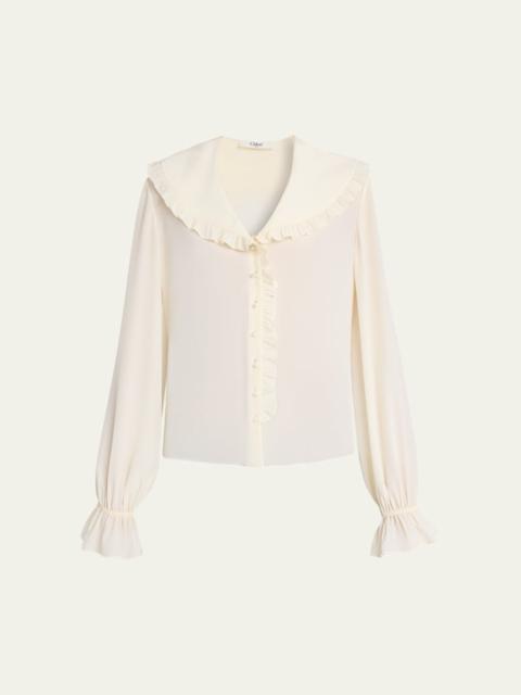 Chloé Bertha-Collar Ruffle Button-Down Silk Blouse