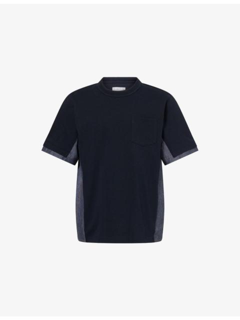 sacai Denim-Panel Crewneck Cotton-Jersey T-Shirt