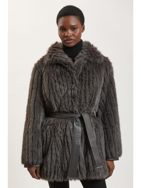 KAREN MILLEN Textured Faux Fur Belted Collar Short Coat