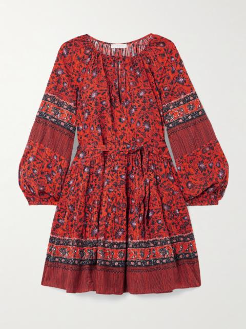 ULLA JOHNSON Abri Belted Tiered Printed Cotton-blend Voile Mini Dress
