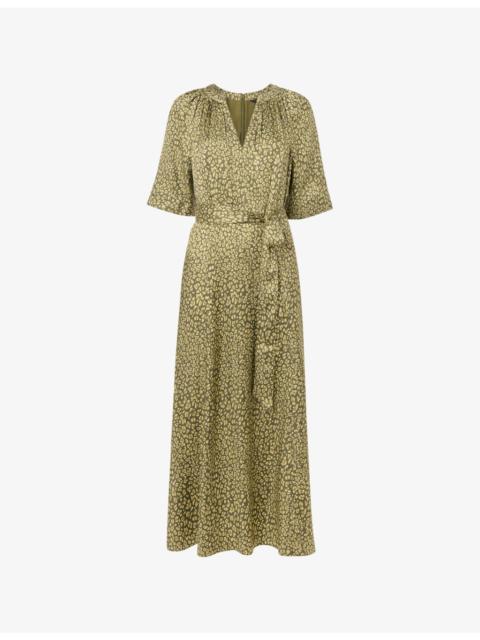 WHISTLES Leopard-Print V-Neck Woven Midi Dress