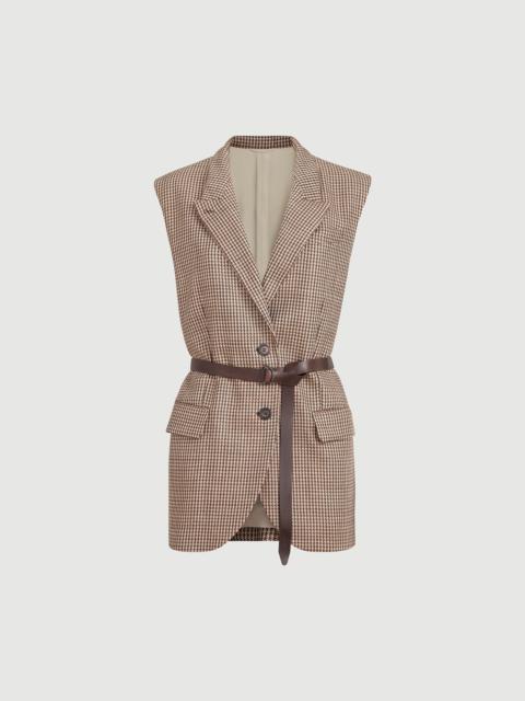 Brunello Cucinelli Sparkling virgin wool houndstooth vest with leather inserts, belt and monili