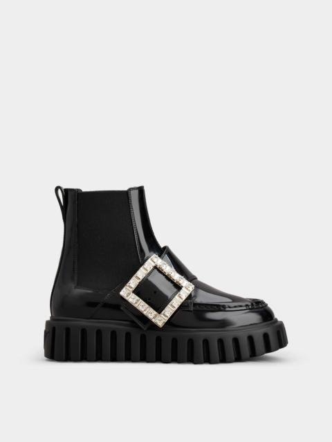 Roger Vivier Viv' Go-Thick Strass Buckle Chealsea Ankle Boots in Patent Leather