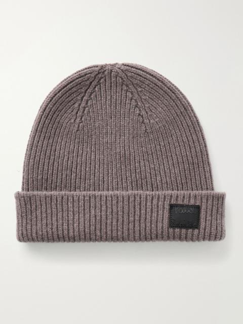 Paul Smith Logo-Appliquéd Ribbed Cashmere and Merino Wool-Blend Beanie Brown
