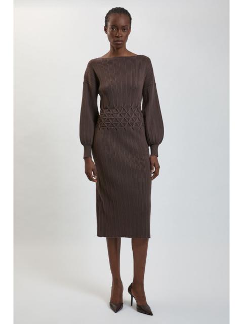 KAREN MILLEN Ribbed Knit Power Shoulder Dress With Manipulated Stitch Detail
