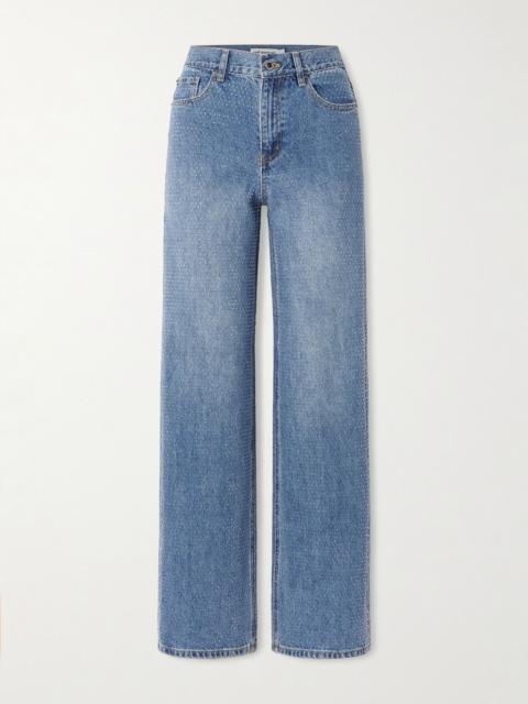 self-portrait Crystal-embellished high-rise straight-leg jeans Light denim