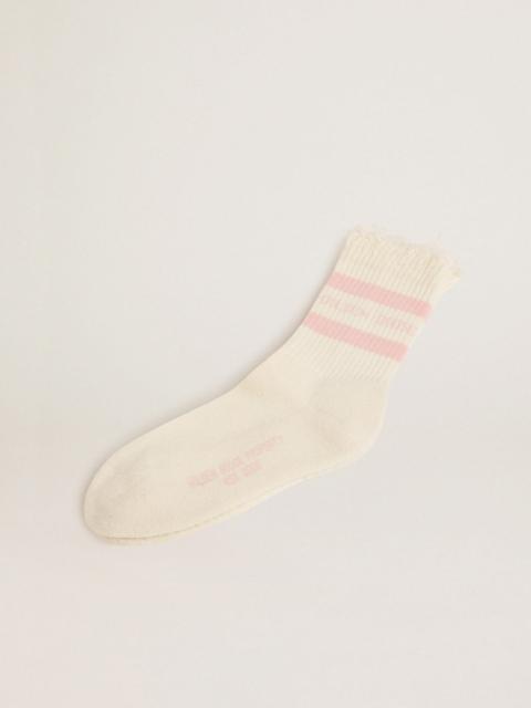Golden Goose Distressed-finish white socks with baby-pink logo and stripes