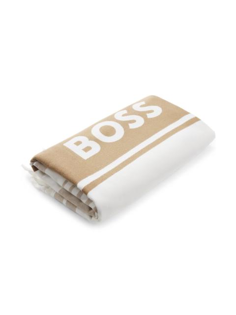 BOSS FRINGED LOGO BEACH TOWEL IN COTTON JACQUARD