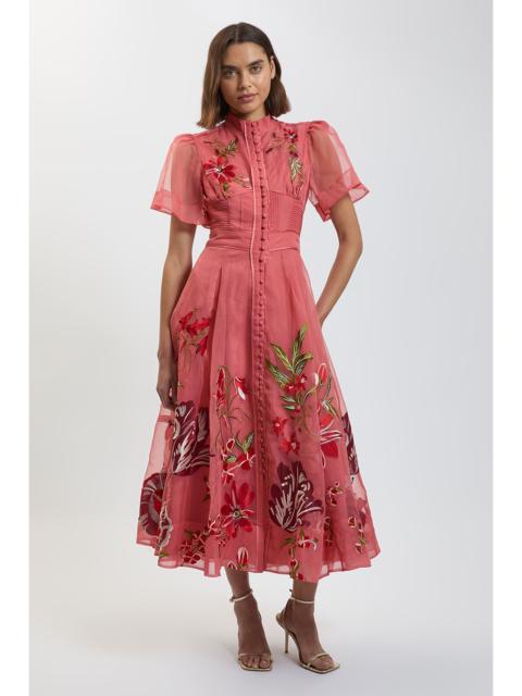 KAREN MILLEN Rose Embroidery Organza Angel Sleeve Midi Dress