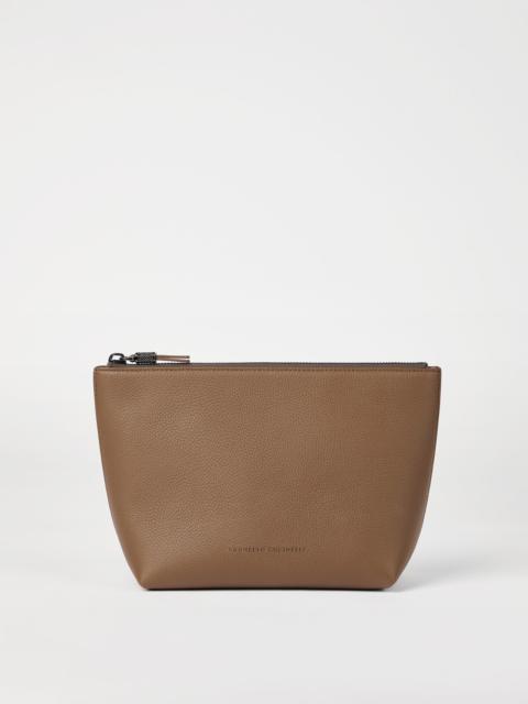 Brunello Cucinelli Grained leather pouch with shiny zipper pull