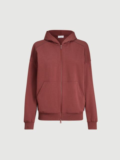 Brunello Cucinelli Stretch cotton lightweight French terry hooded sweatshirt with zipper and shiny trims