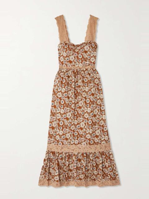 GUCCI Lace-trimmed floral-print silk-twill maxi dress