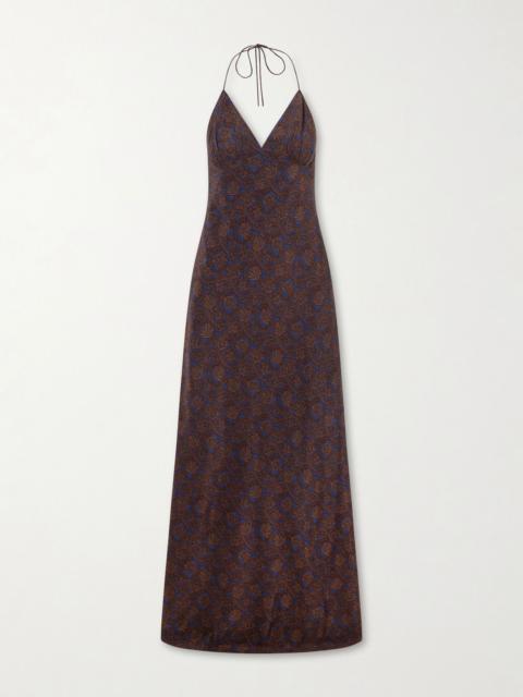 MATTEAU Open-back printed silk-crepe de chine halterneck maxi dress Brown