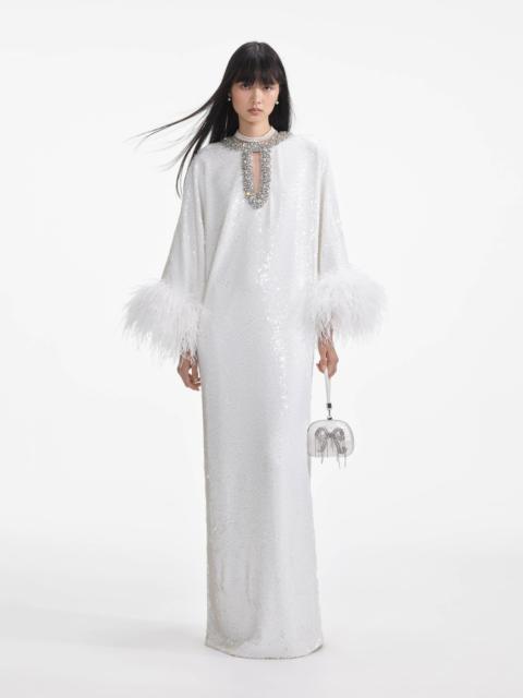 self-portrait White Sequin Feather Maxi Dress