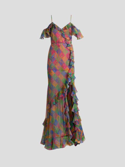 Etro SILK LONG DRESS WITH RUFFLES AND GEOMETRIC PAISLEY MOTIF