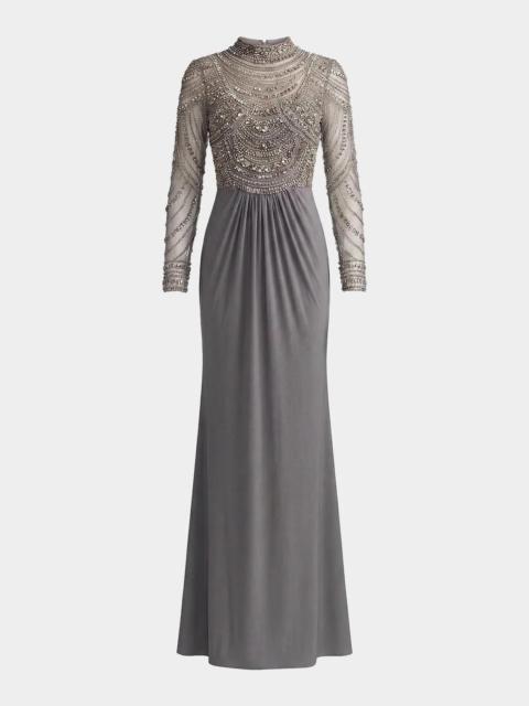 MAC DUGGAL Beaded Jersey Long-Sleeve Gown
