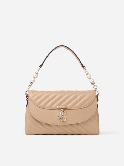 JIMMY CHOO Curve Top Handle Chai Quilted Biker Leather Top Handle Bag with Pearl Detail