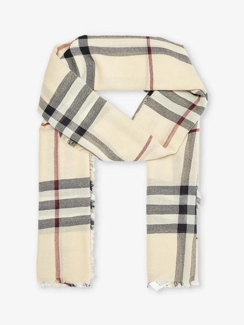 Checked frayed-trim wool scarf