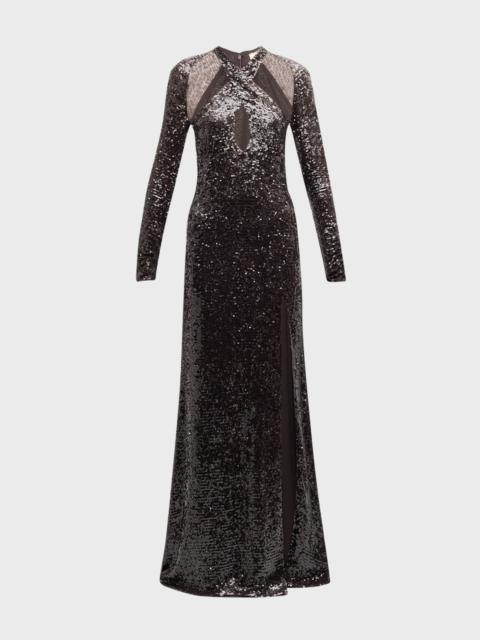 Sequined Long-Sleeve Keyhole Halter Gown