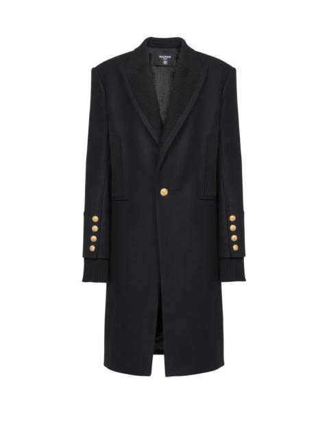 Balmain Long wool coat with monogram-patterned collar and lining