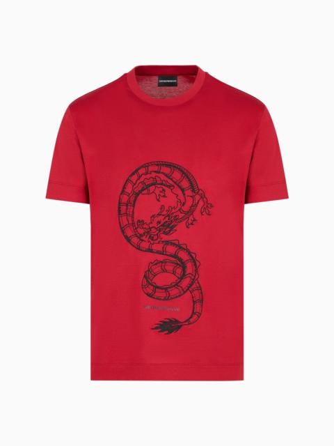 Armani Sustainability Values Lyocell-blend jersey T-shirt with dragon embroidery