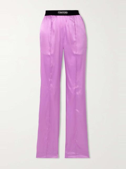 Jacquard-trimmed stretch-silk satin wide-leg pants