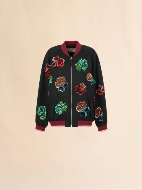 Marni BLACK SATIN JACKET WITH SEQUIN FLOWERS