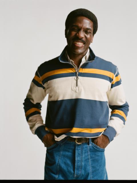 Drake's Navy and Yellow Stripe Cotton Quarter Zip Rugby Shirt