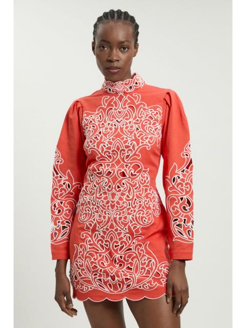 KAREN MILLEN Cotton Cutwork Twill Woven Mini Dress