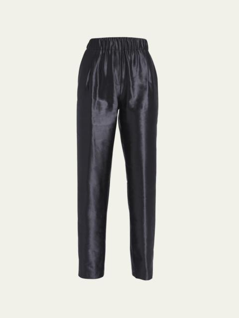 Metallic Linen-Silk Straight-Leg Pull-On Trousers