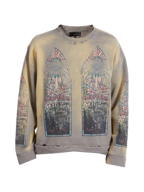 WHO DECIDES WAR faded graphic crewneck sweater