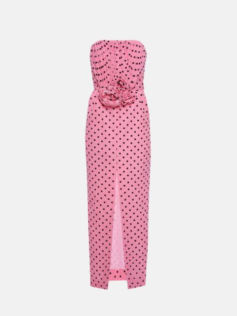 FLOCKED POLKA DOT SILK GEORGETTE BUSTIER DRESS