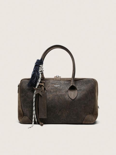 Golden Goose Medium Vita Bag in military-green suede with raised floral motif and silver details