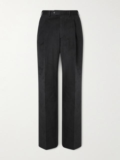 SAMAN AMEL Straight-Leg Pleated Peached Cotton-Blend Trousers