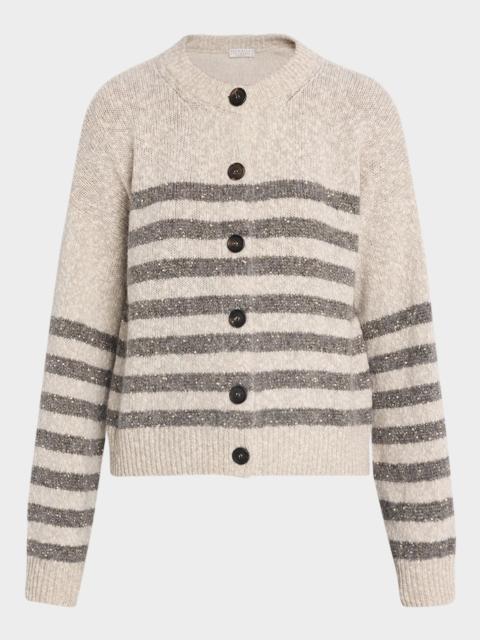 Brunello Cucinelli Striped Paillette Wool-Cashmere Crewneck Cardigan