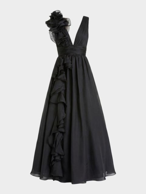 MAC DUGGAL Plunging V-Neck Ruffled Ball Gown