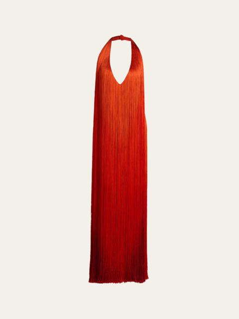 Oscar de la Renta Sleeveless Fringed Plunging Halter Gown