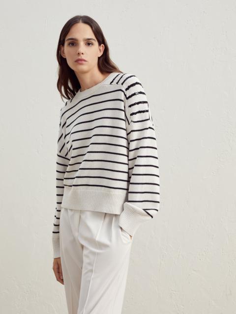 Striped cotton English rib sweater with dazzling shoulder stripes